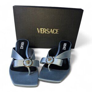 Versace Women's Blue Satin Mule Gianna Ribbon 45 mm sandals Sz 37.5
